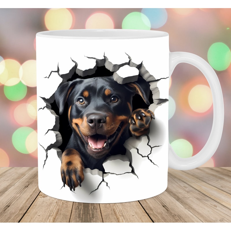 3D Rottweiler Hole In A Wall Mug Wrap, 11oz & 15oz Mug Template, Mug Sublimation Design, Dog Mug Wrap Template, Instant Digital Download PNG.jpg