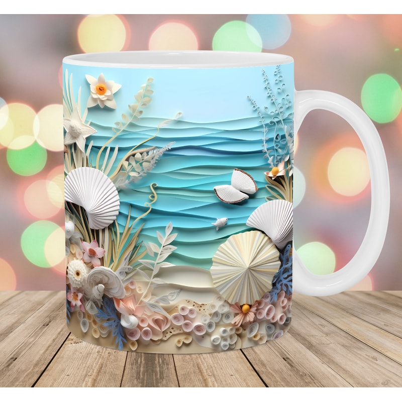 3D Seashells Beach Landscape Mug Wrap, 11oz And 15oz Mug Template, Mug Sublimation Design, Mug Wrap Template, Instant Digital Download PNG.jpg