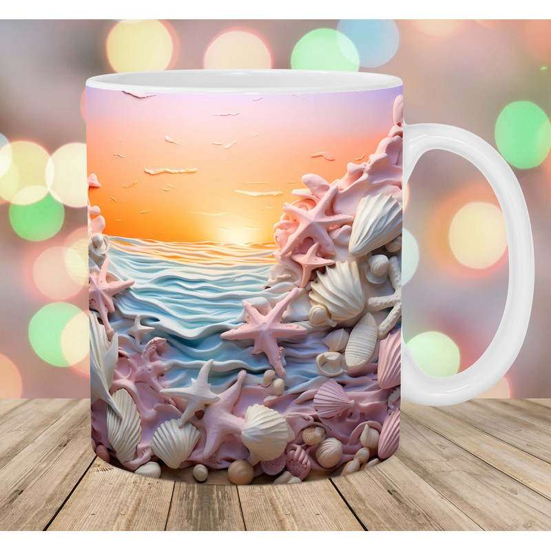 3D Seashells Beach Mug Wrap, 11oz & 15oz Mug Template, Mug Sublimation Design, Ocean Mug Wrap Template, Instant Digital Download PNG.jpg