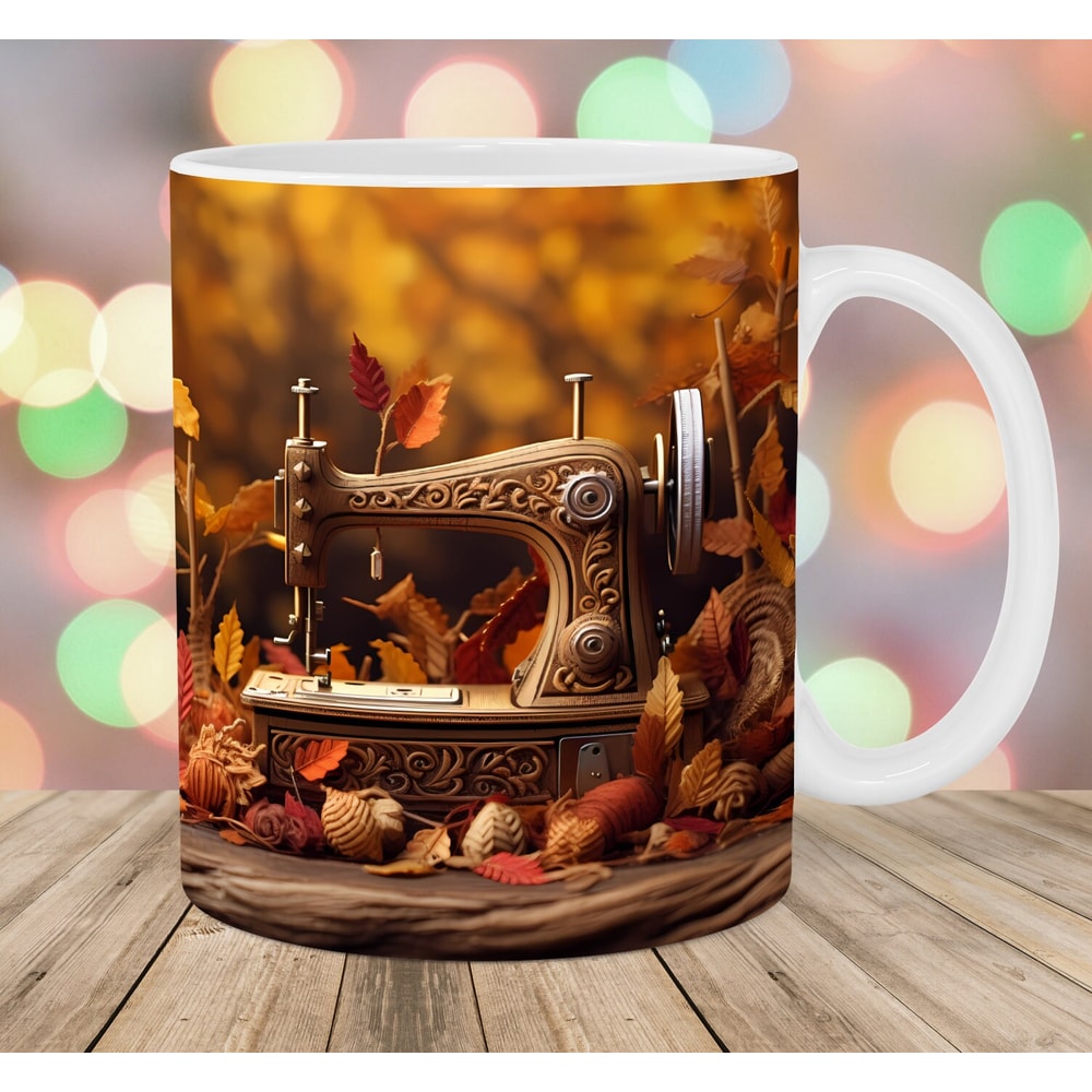 3D Sewing Machine Mug Wrap, 11oz & 15oz Mug Template, Mug Sublimation Design, Autumn Leaves Mug Wrap Template, Instant Digital Download PNG.jpg