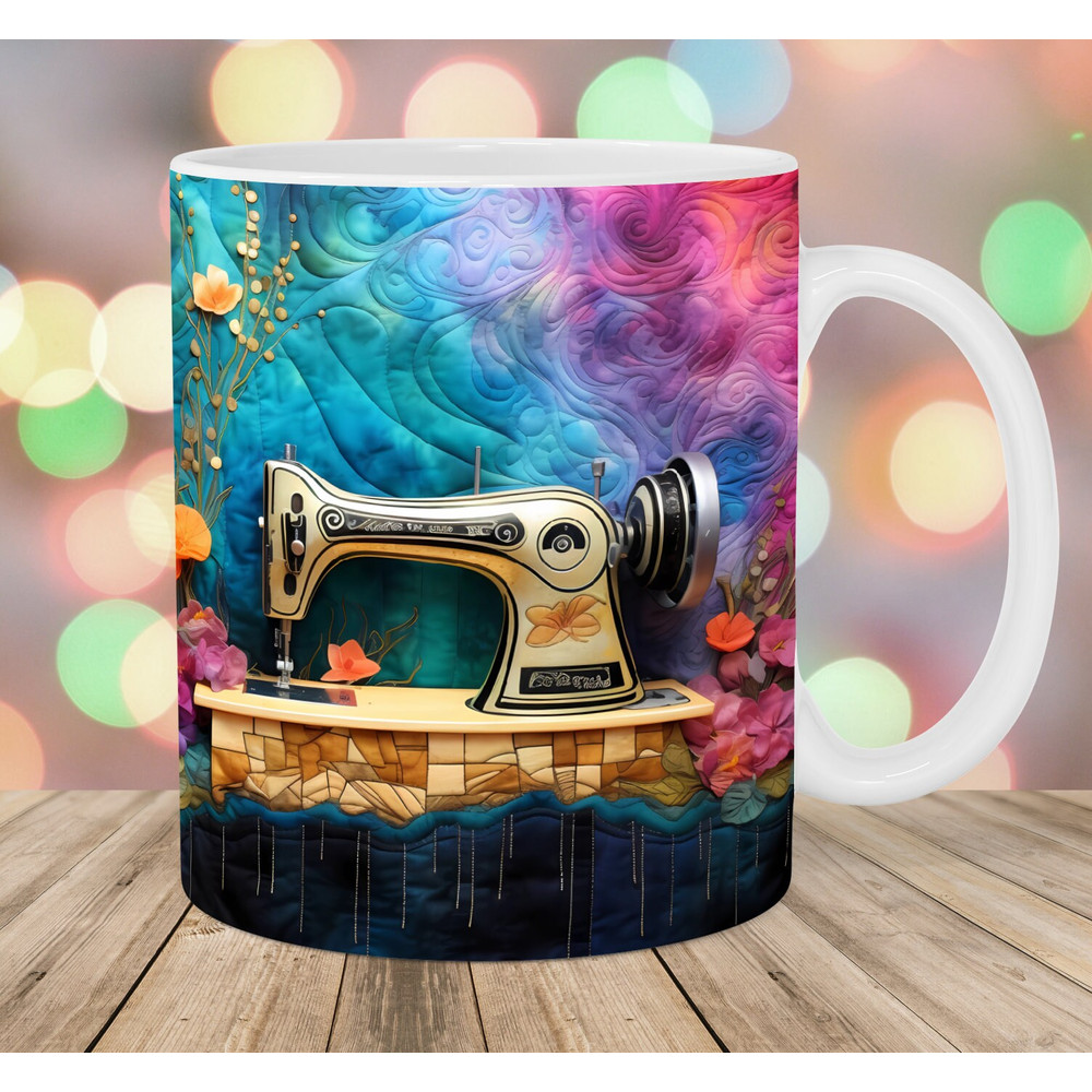 3D Sewing Machine Mug Wrap, 11oz & 15oz Mug Template, Mug Sublimation Design, Colorful Flowers Mug Template, Instant Digital Download PNG.jpg
