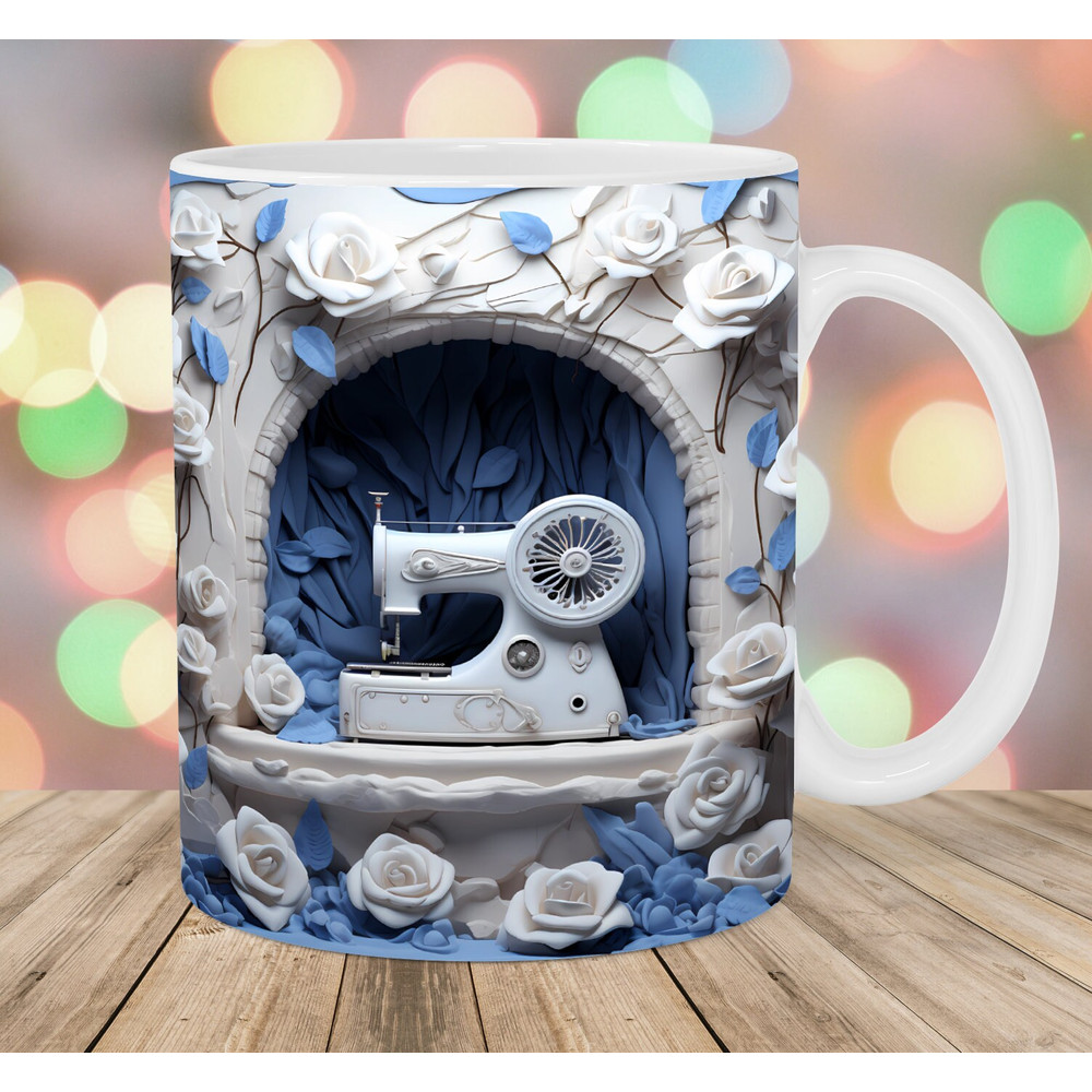 3D Sewing Machine Mug Wrap, 11oz And 15oz Mug Template, Mug Sublimation Design, White Roses Mug Wrap Template, Instant Digital Download PNG.jpg