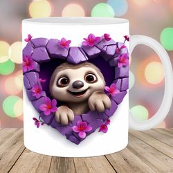 3d sloth hole in a wall mug wrap  11oz & 15oz mug template  heart mug sublimation design  mug wrap template