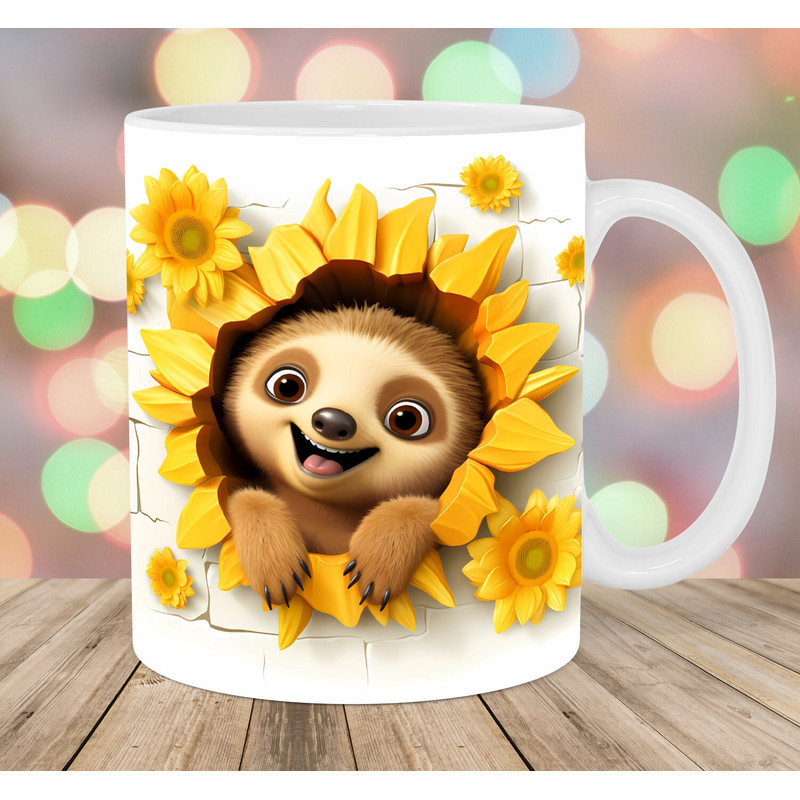 3D Sloth Mug Wrap, 11oz & 15oz Mug Template, Hole In A Wall Mug Sublimation Design, Sunflower Mug Template, Instant Digital Download PNG.jpg