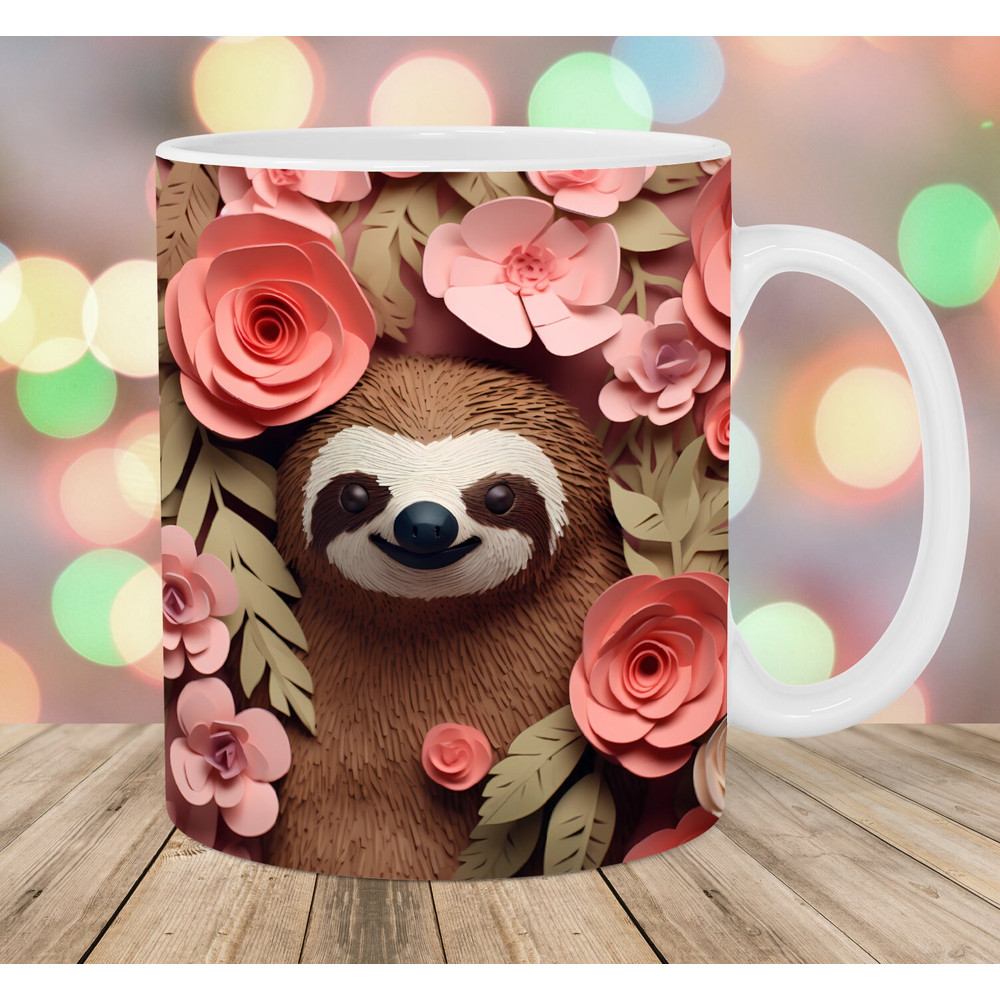 3D Sloth Mug Wrap, 11oz And 15oz Mug Template, Mug Sublimation Design, Pink Flowers Mug Wrap Template, Instant Digital Download PNG.jpg