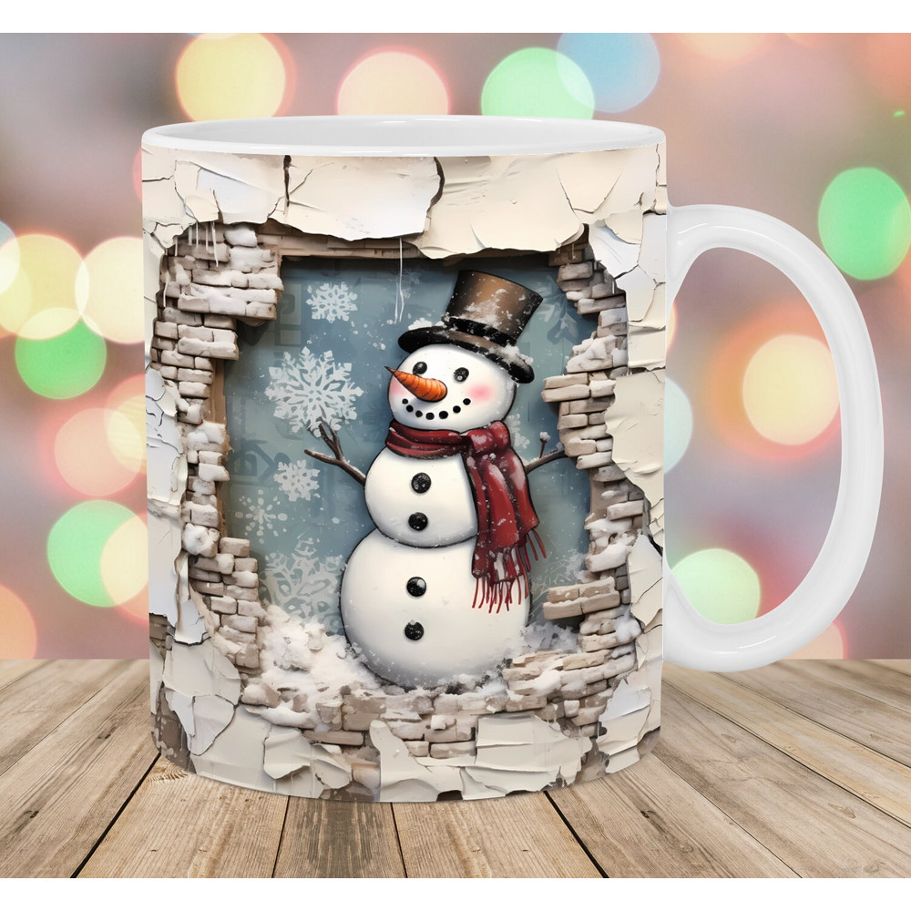 3D Snowman Hole In A Wall Mug Wrap, 11oz & 15oz Mug Template, Mug Sublimation Design, Vintage Mug Template, Instant Digital Download PNG.jpg