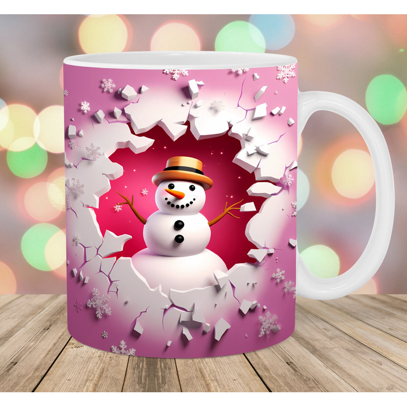 3D Snowman Mug Wrap, 11oz & 15oz Mug Template, Hole In A Wall Mug Sublimation Design, Pink Mug Wrap Template, Instant Digital Download PNG.jpg