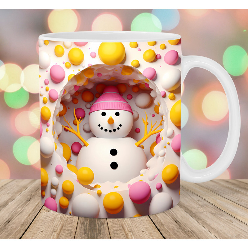 3D Snowman Mug Wrap, 11oz & 15oz Mug Template, Hole In A Wall Mug Sublimation Design, Pink Yellow Mug Template, Instant Digital Download PNG.jpg