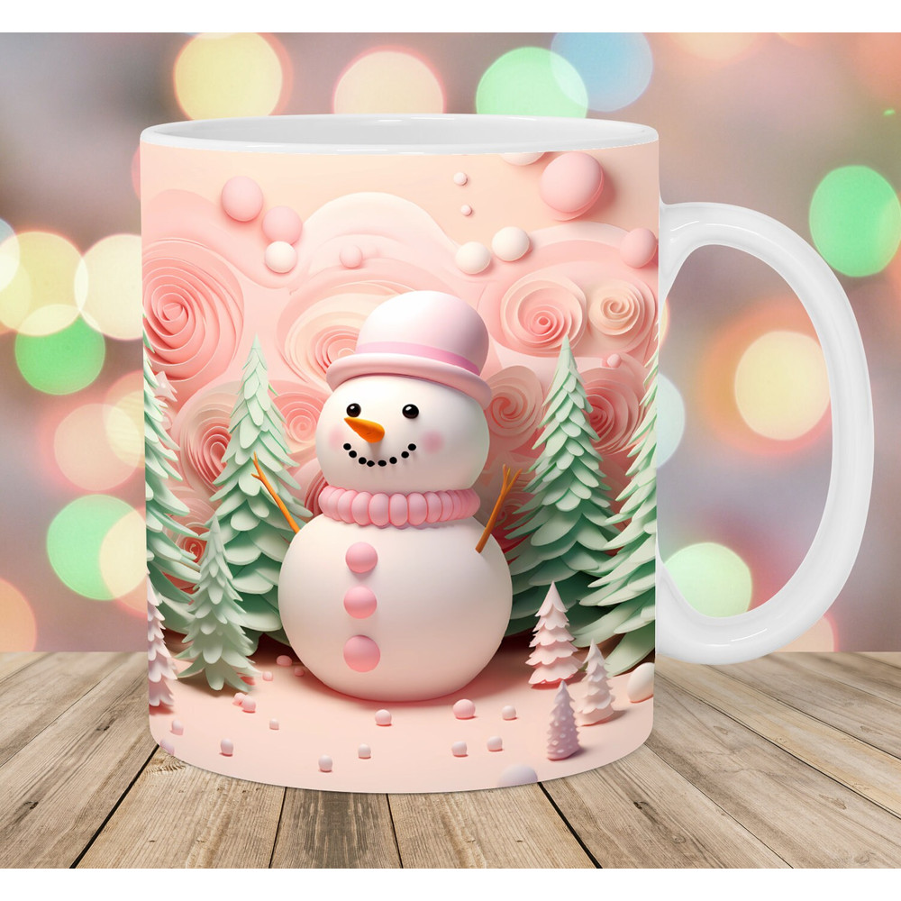 3D Snowman Mug Wrap, 11oz & 15oz Mug Template, Mug Sublimation Design, Pink Green Forest Mug Wrap Template, Instant Digital Download PNG.jpg