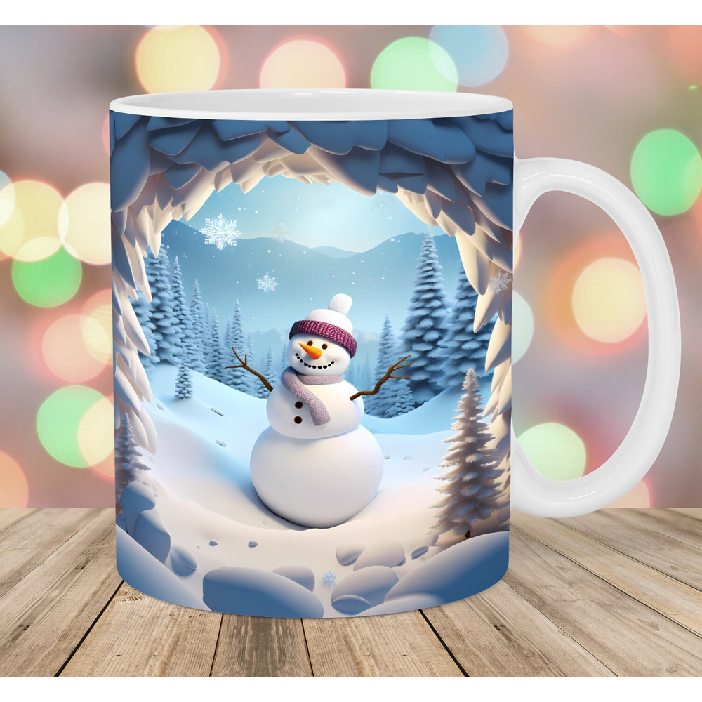 3D Snowman Mug Wrap, 11oz And 15oz Mug Template, Hole In A Wall Mug Sublimation Design, Snow Mug Wrap Template, Instant Digital Download PNG.jpg