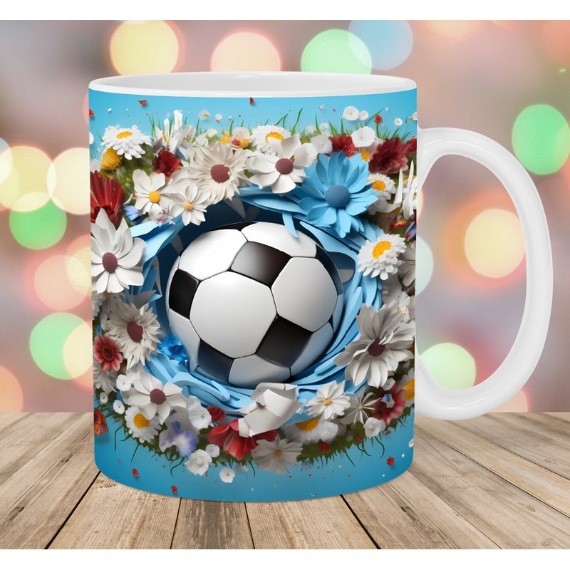 3D Soccer Ball Mug Wrap, 11oz And 15oz Mug Template, Mug Sublimation Design, Flowers Mug Wrap Template, Instant Digital Download PNG.jpg