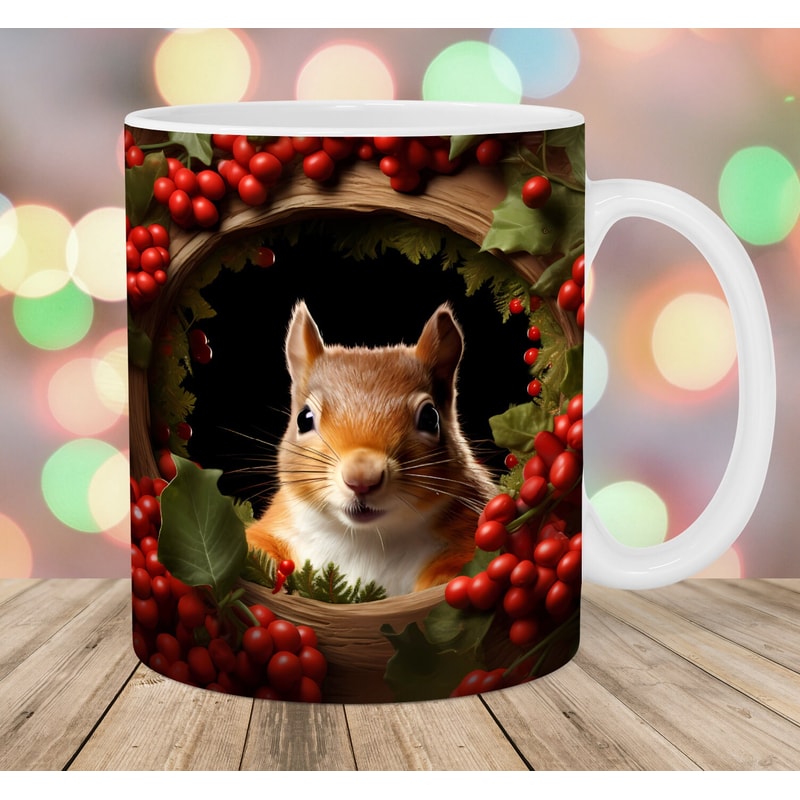 3D Squirrel Mug Wrap, 11oz & 15oz Mug Template, Christmas Mug Sublimation Design, Hole In A Wall Mug Template, Instant Digital Download PNG.jpg