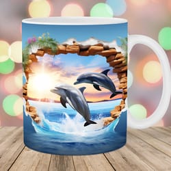 3d two dolphins hole in a wall mug wrap 11oz & 15oz mug template mug sublimation design mug wrap template