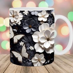 3d white black flowers butterflies mug wrap 11oz & 15oz mug template mug sublimation design mug template