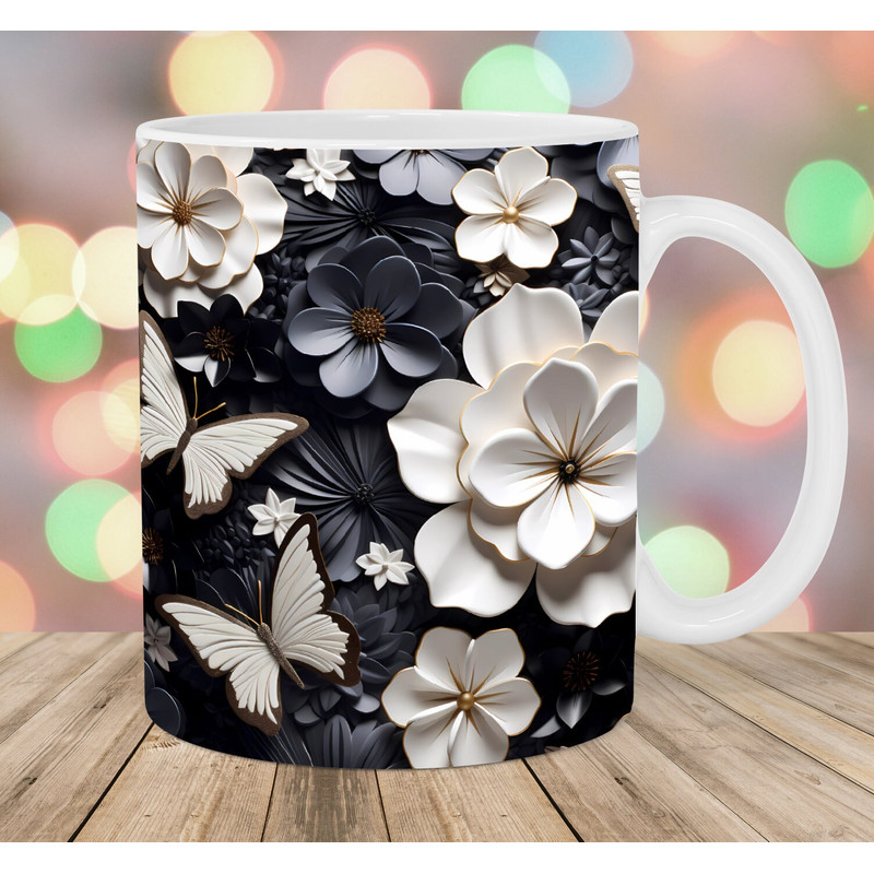 3D White Black Flowers Butterflies Mug Wrap, 11oz & 15oz Mug Template, Mug Sublimation Design, Mug Template, Instant Digital Download PNG.jpg