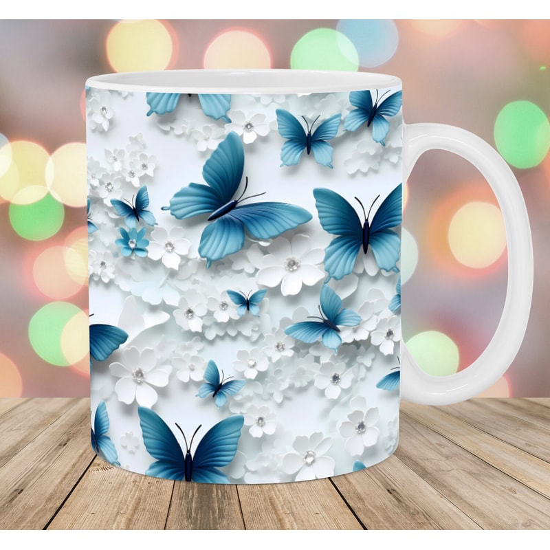 3D White Blue Butterflies Mug Wrap, 11oz & 15oz Mug Template, Mug Sublimation Design, Flower Mug Wrap Template, Instant Digital Download PNG.jpg