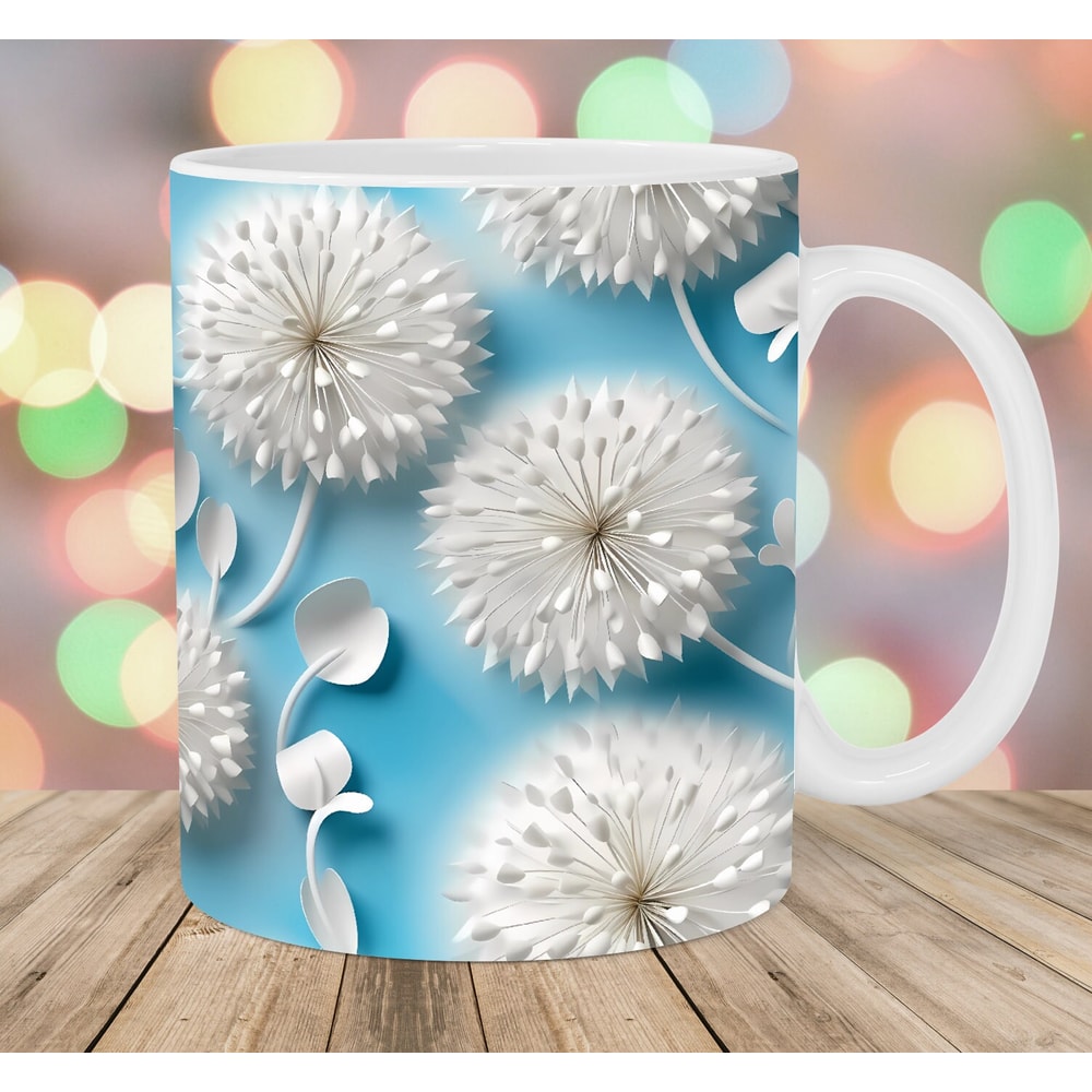3D White Blue Dandelions Mug Wrap, 11oz & 15oz Mug Template, Mug Sublimation Design, Flowers Mug Wrap Template, Instant Digital Download PNG.jpg