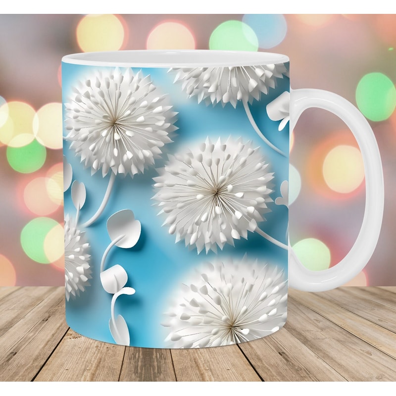 3D White Blue Dandelions Mug Wrap, 11oz & 15oz Mug Template, Mug Sublimation Design, Flowers Mug Wrap Template, Instant Digital Download PNG.jpg