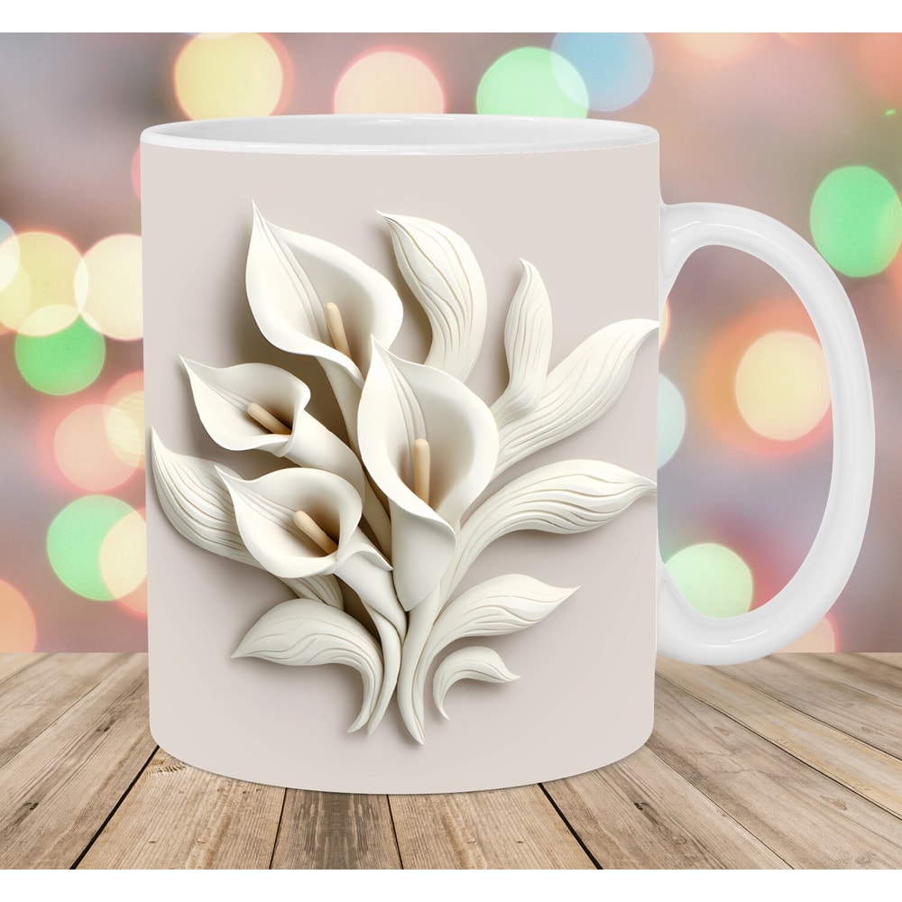 3D White Calla Lilies Mug Wrap, 11oz & 15oz Mug Template, Mug Sublimation Design, Flowers Mug Wrap Template, Instant Digital Download PNG.jpg