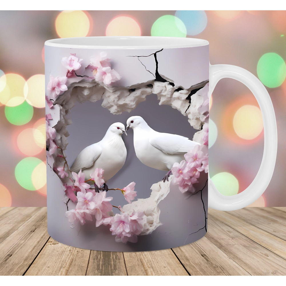 3D White Dove Hole In A Wall Mug Wrap, 11oz & 15oz Mug Template, Mug Sublimation Design, Flower Mug Template, Instant Digital Download PNG.jpg