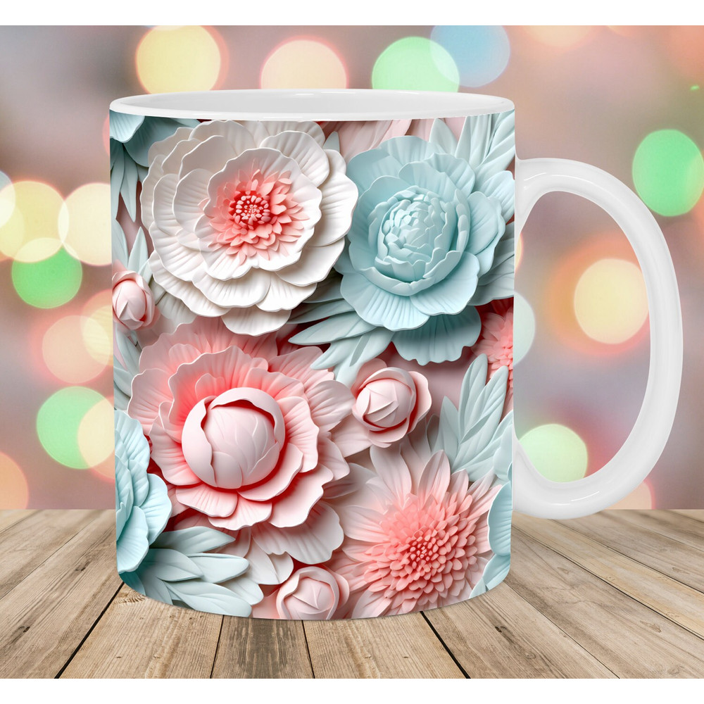 3D White Green Pink Peonies Mug Wrap, 11oz And 15oz Mug Template, Mug Sublimation Design, Mug Wrap Template, Instant Digital Download PNG.jpg