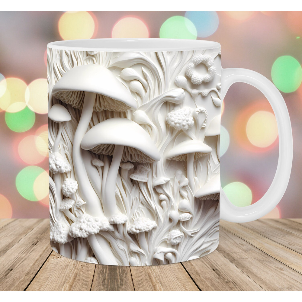 3D White Mushrooms Mug Wrap, 11oz & 15oz Mug Template, Mug Sublimation Design, Mug Wrap Template, Instant Digital Download PNG.jpg