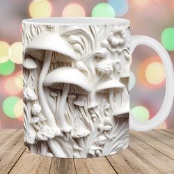 3d white mushrooms mug wrap  11oz & 15oz mug template  mug sublimation design  mug wrap template