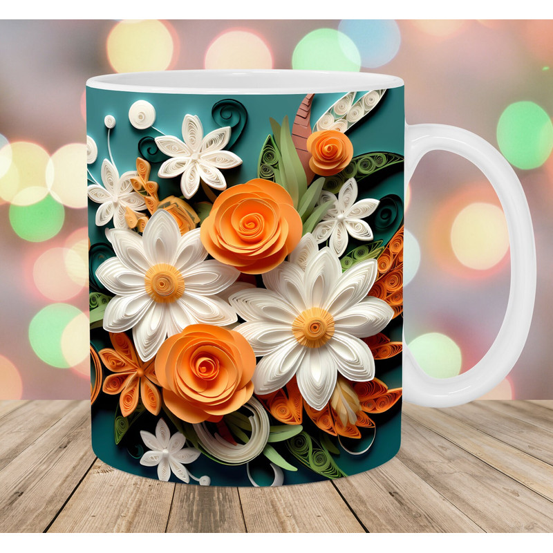 3D White Orange Flowers Mug Wrap, 11oz And 15oz Mug Template, Mug Sublimation Design, Mug Wrap Template, Instant Digital Download PNG.jpg