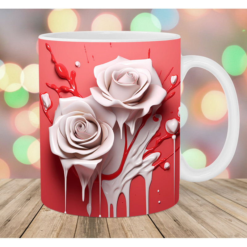 3D White Red Roses Mug Wrap, 11oz & 15oz Mug Template, Dripping Paint Mug Sublimation Design, Mug Template, Instant Digital Download PNG.jpg