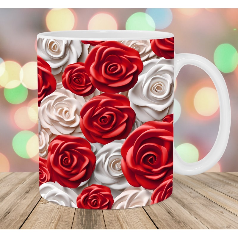 3D White Red Roses Mug Wrap, 11oz And 15oz Mug Template, Mug Sublimation Design, Flowers Mug Wrap Template, Instant Digital Download PNG.jpg
