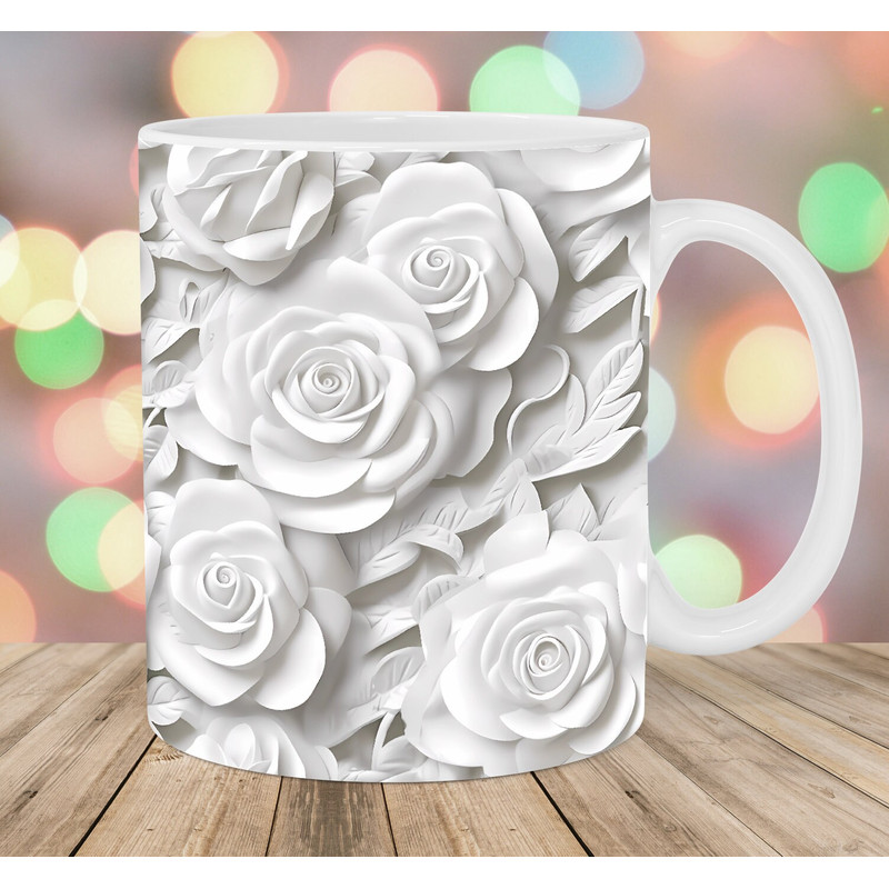 3D White Roses Mug Wrap, 11oz And 15oz Mug Template, Mug Sublimation Design, Flowers Mug Wrap Template, Instant Digital Download PNG.jpg