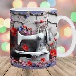 3d white sewing machine mug wrap  11oz & 15oz mug template  mug sublimation design  flowers mug wrap template