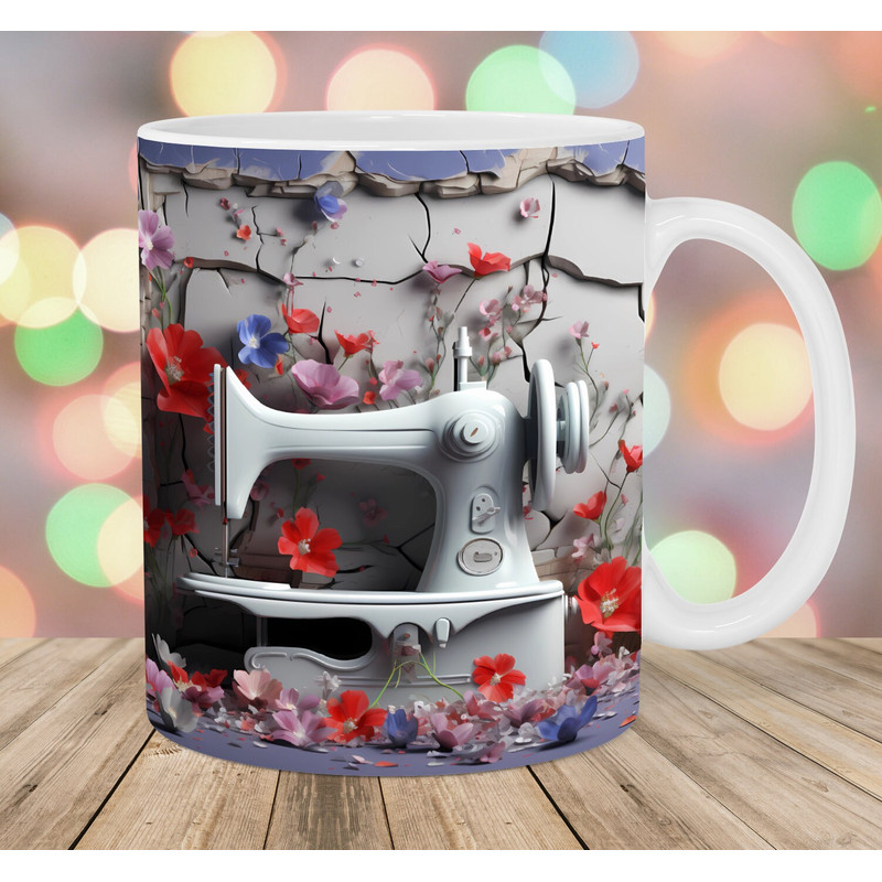 3D White Sewing Machine Mug Wrap, 11oz & 15oz Mug Template, Mug Sublimation Design, Flowers Mug Wrap Template, Instant Digital Download PNG.jpg