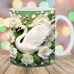 3d white swan mug wrap  11oz & 15oz mug template  flowers mug sublimation design  mug wrap template