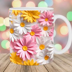 3d white yellow pink daisies mug wrap 11oz and 15oz mug template mug sublimation design mug wrap template