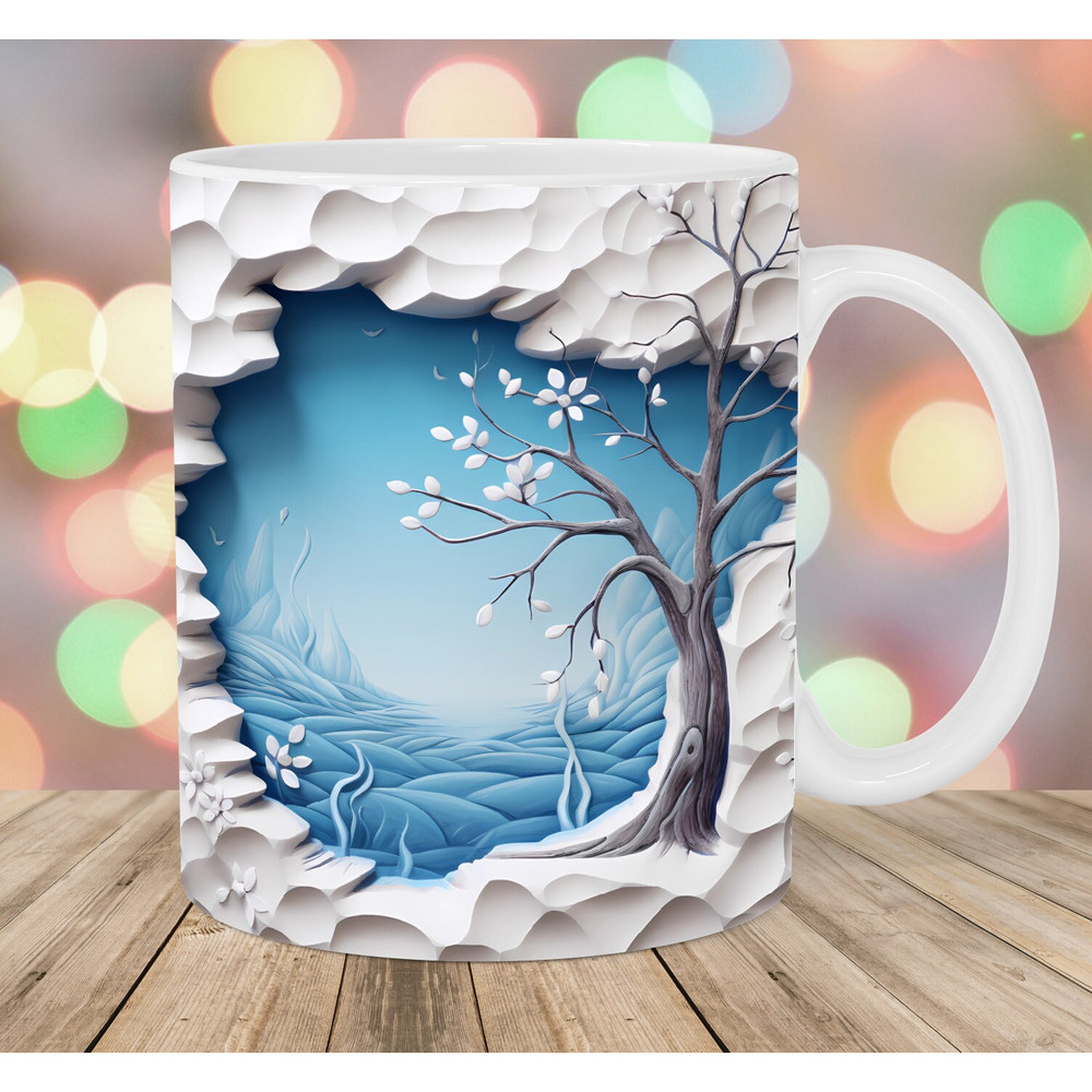 3D Winter Tree Mug Wrap, 11oz & 15oz Mug Template, Mug Sublimation Design, Hole In A Wall Mug Wrap Template, Instant Digital Download PNG.jpg