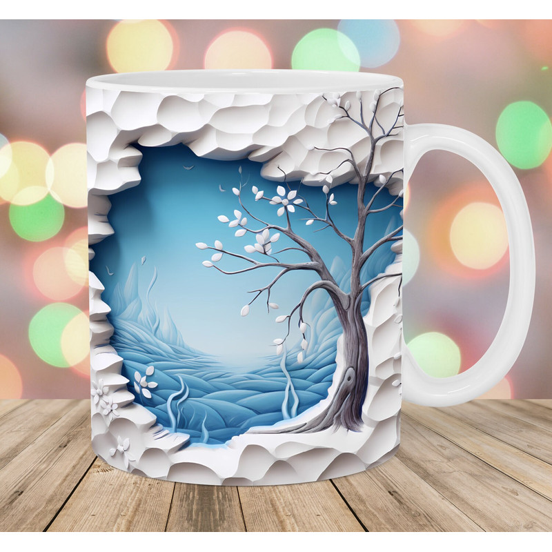 3D Winter Tree Mug Wrap, 11oz & 15oz Mug Template, Mug Sublimation Design, Hole In A Wall Mug Wrap Template, Instant Digital Download PNG.jpg