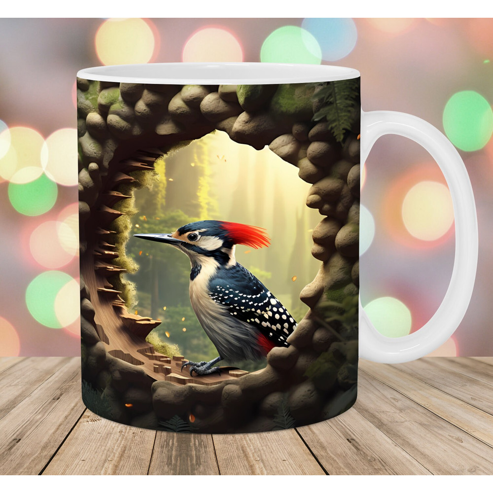 3D Woodpecker Hole In A Wall Mug Wrap, 11oz & 15oz Mug Template, Mug Sublimation Design, Forest Mug Template, Instant Digital Download PNG.jpg