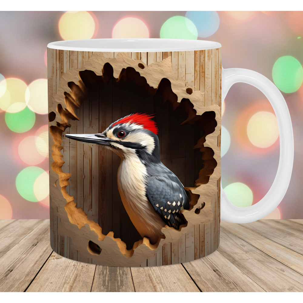 3D Woodpecker Mug Wrap, 11oz & 15oz Mug Template, Mug Sublimation Design, Hole In A Wall Mug Wrap Template, Instant Digital Download PNG.jpg