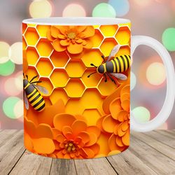 3d yellow bee honeycomb mug wrap  11oz and 15oz mug template  mug sublimation design  mug wrap template