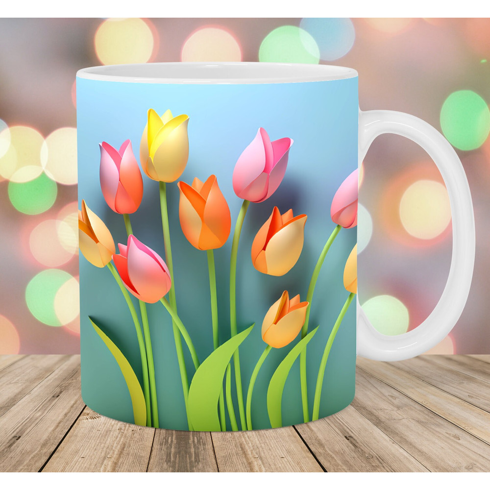 3D Yellow Pink Tulips Mug Wrap, 11oz & 15oz Mug Template, Mug Sublimation Design, Flowers Mug Wrap Template, Instant Digital Download PNG.jpg