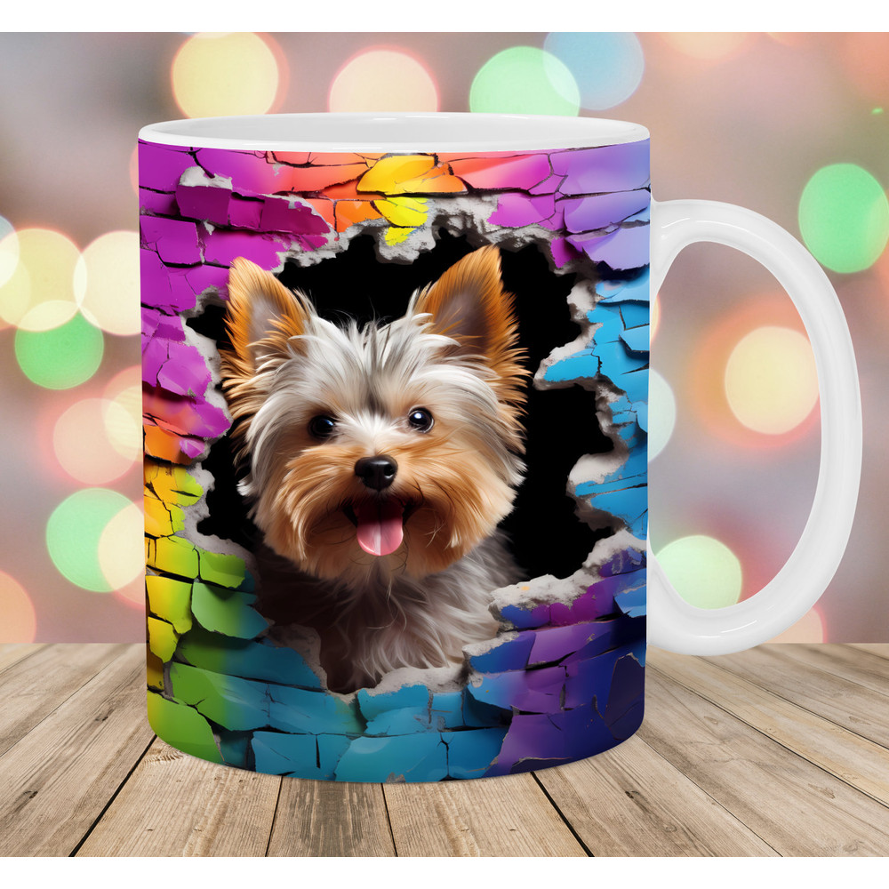 3D Yorkshire Terrier Mug Wrap, 11oz & 15oz Mug Template, Hole In A Wall Mug Sublimation Design, Puppy Mug Wrap, Instant Digital Download PNG.jpg
