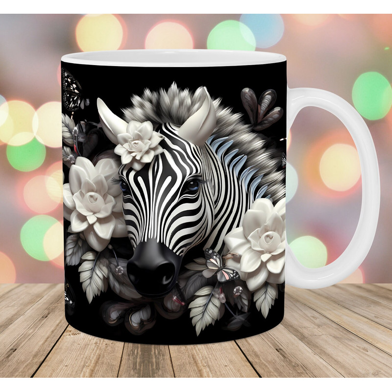 3D Zebra White Flowers Mug Wrap, 11oz And 15oz Mug Template, Mug Sublimation Design, Mug Wrap Template, Instant Digital Download PNG.jpg
