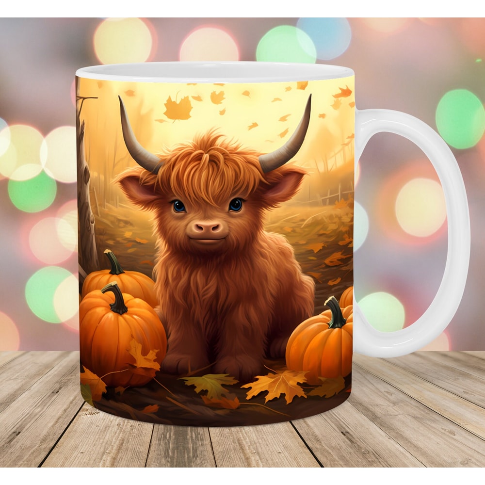 Autumn Pumpkins Highland Cow Mug Wrap, 11oz And 15oz Mug Template, Mug Sublimation Design, Mug Wrap Template, Instant Digital Download PNG.jpg