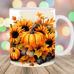 autumn pumpkins mug wrap  11oz & 15oz mug template  mug sublimation design  sunflowers mug wrap template