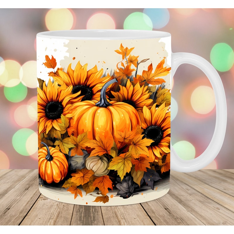 Autumn Pumpkins Mug Wrap, 11oz & 15oz Mug Template, Mug Sublimation Design, Sunflowers Mug Wrap Template, Instant Digital Download PNG.jpg