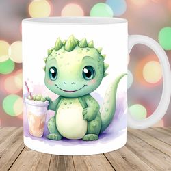 baby dinosaur with bubble tea 11oz & 15oz mug template mug sublimation design watercolor mug wrap template