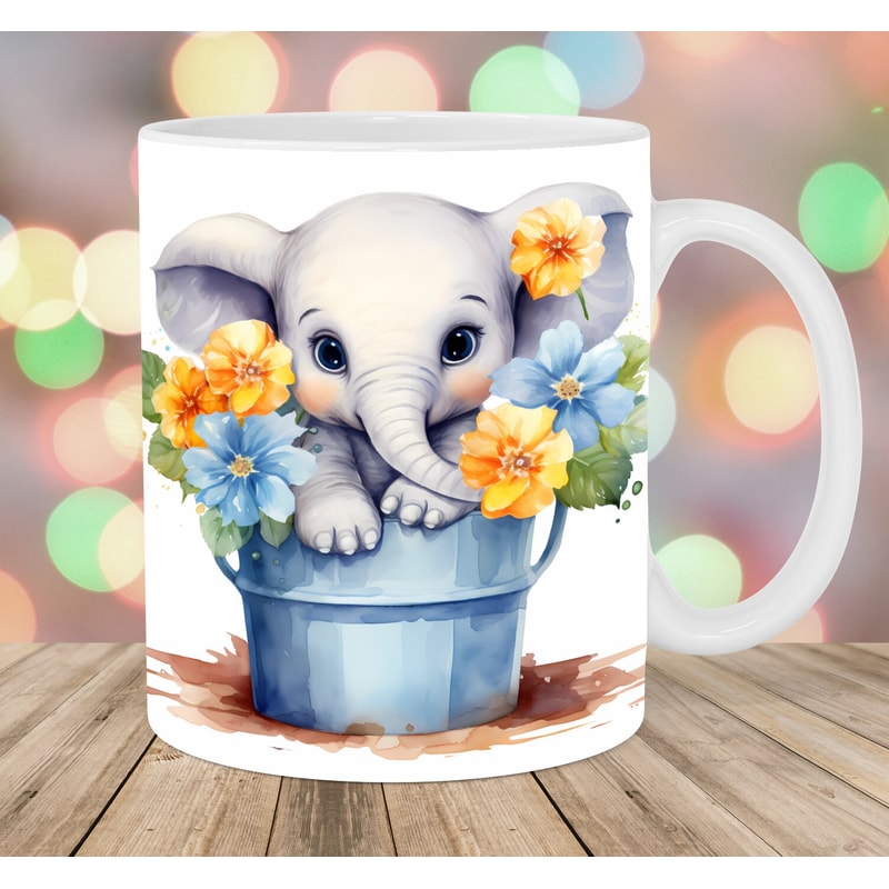 Baby Elephant In Flowers Bucket Mug Wrap, 11oz & 15oz Mug Template, Mug Sublimation Design, Mug Wrap Template, Instant Digital Download PNG.jpg