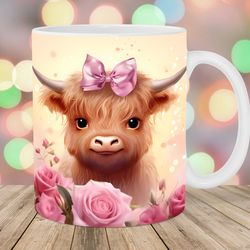 baby highland cow with a bow mug wrap 11oz & 15oz mug template mug sublimation design flower mug template