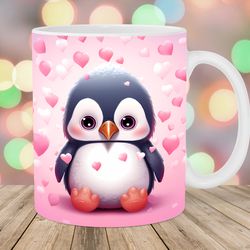 Baby Penguin Mug Wrap  11oz & 15oz Mug Template  Pink Hearts Mug Sublimation Design  Mug Wrap Template